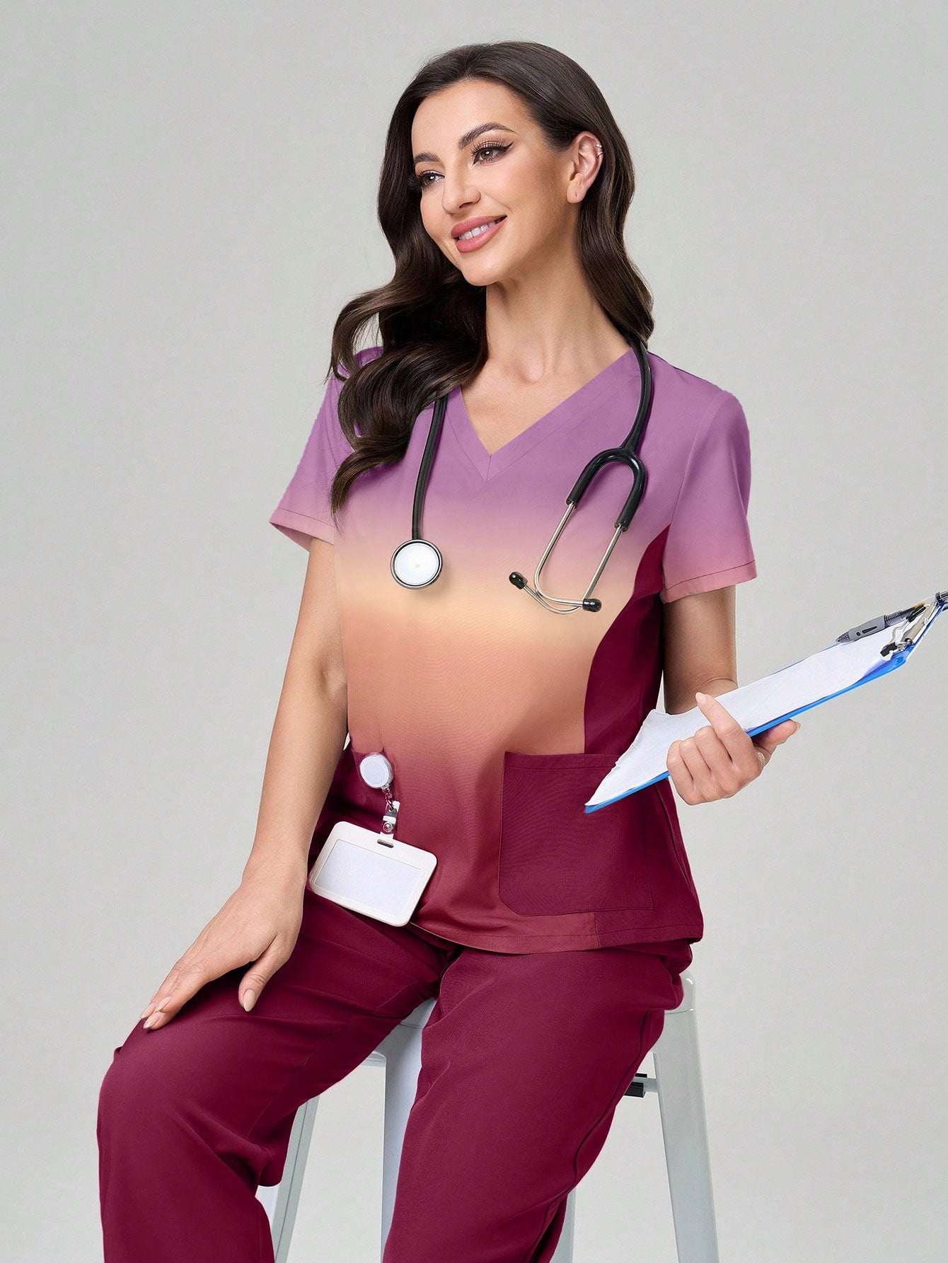 TaskEZ Ombre Short Sleeve Top And Solid Color Pants Scrub Uniform Set