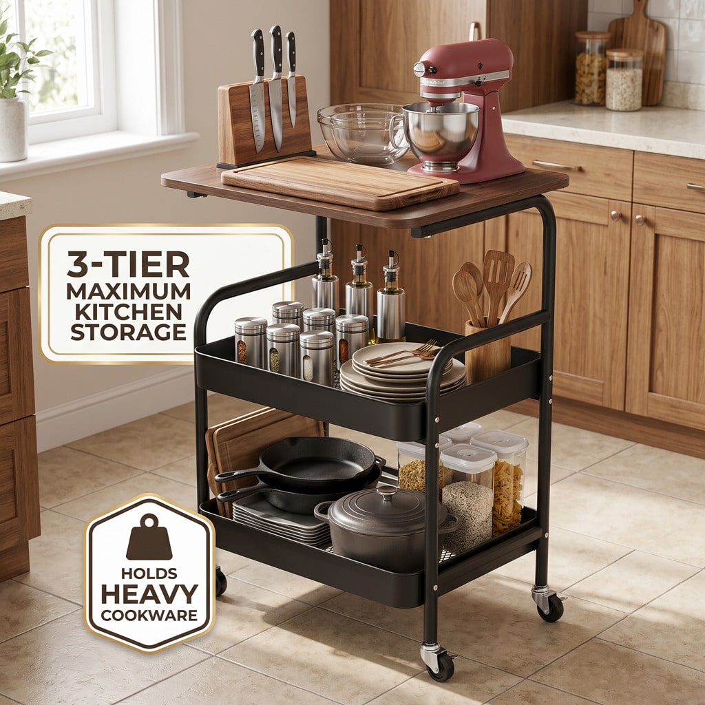 Three-Tier Metal Storage Cart With Wheels, Portable Mobile Cart, Snack Shelf, And Household Organization Storage Shelf