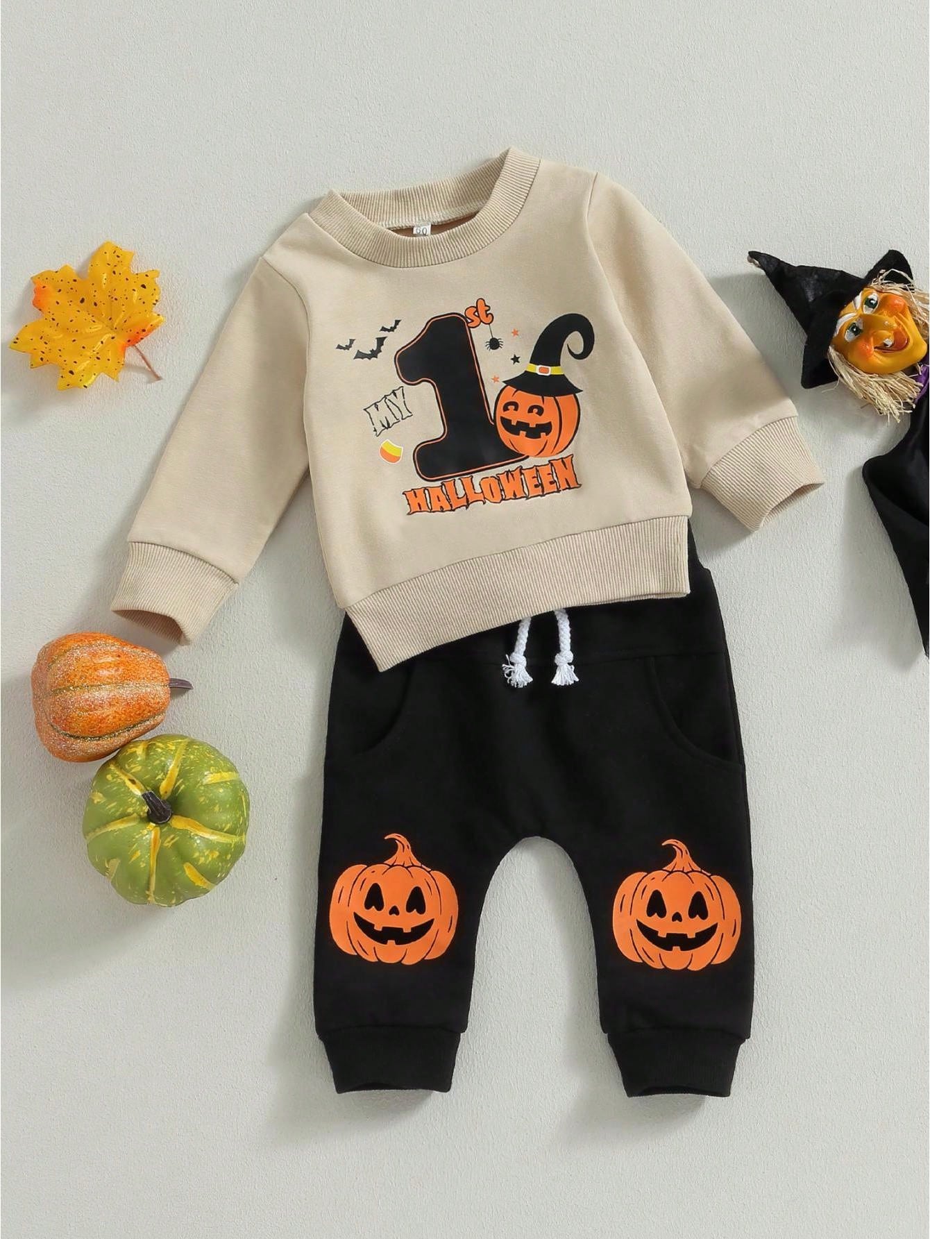Toddler Boys 1st Halloween Outfits Pumpkin Bat Letter Print Long Sleeve Sweatshirts And Long Pants 2Pcs Fall Clothes Set