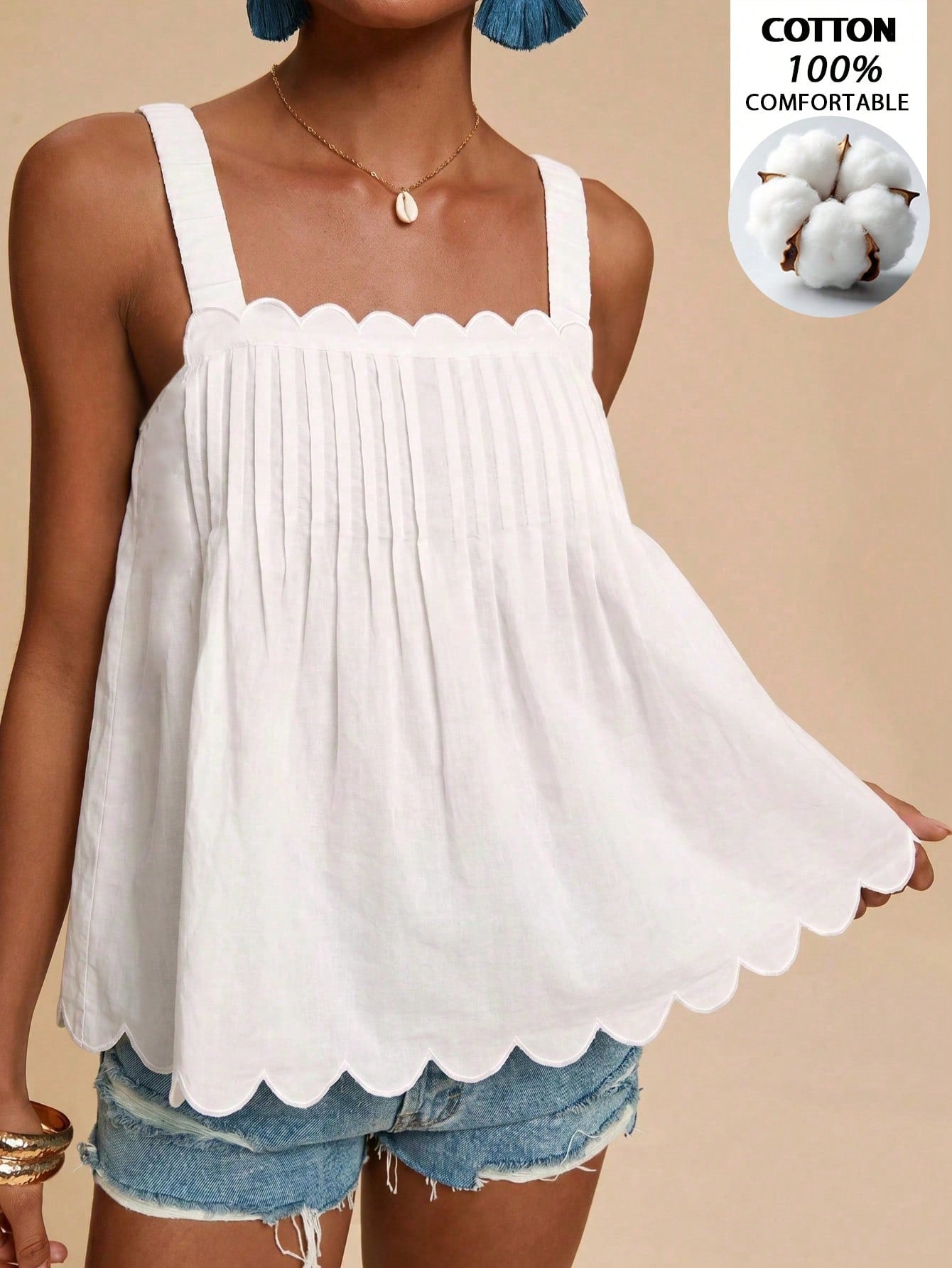 Travachic Solid Color Sleeveless Women's Square Neck Shell Edge Summer Loose Tank Top Camisole Vacation All White Elegant Boho Tropical Beach Vacation
