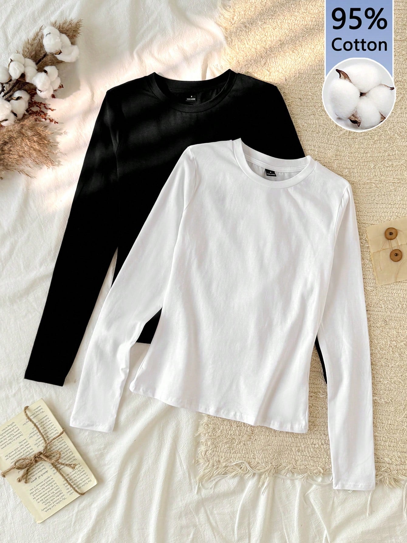 Tseoso 2pcs Black & White Casual Long Sleeve Fitted Long T-Shirt Set, Suitable For Autumn & Winter,Fall Clothes For Women
