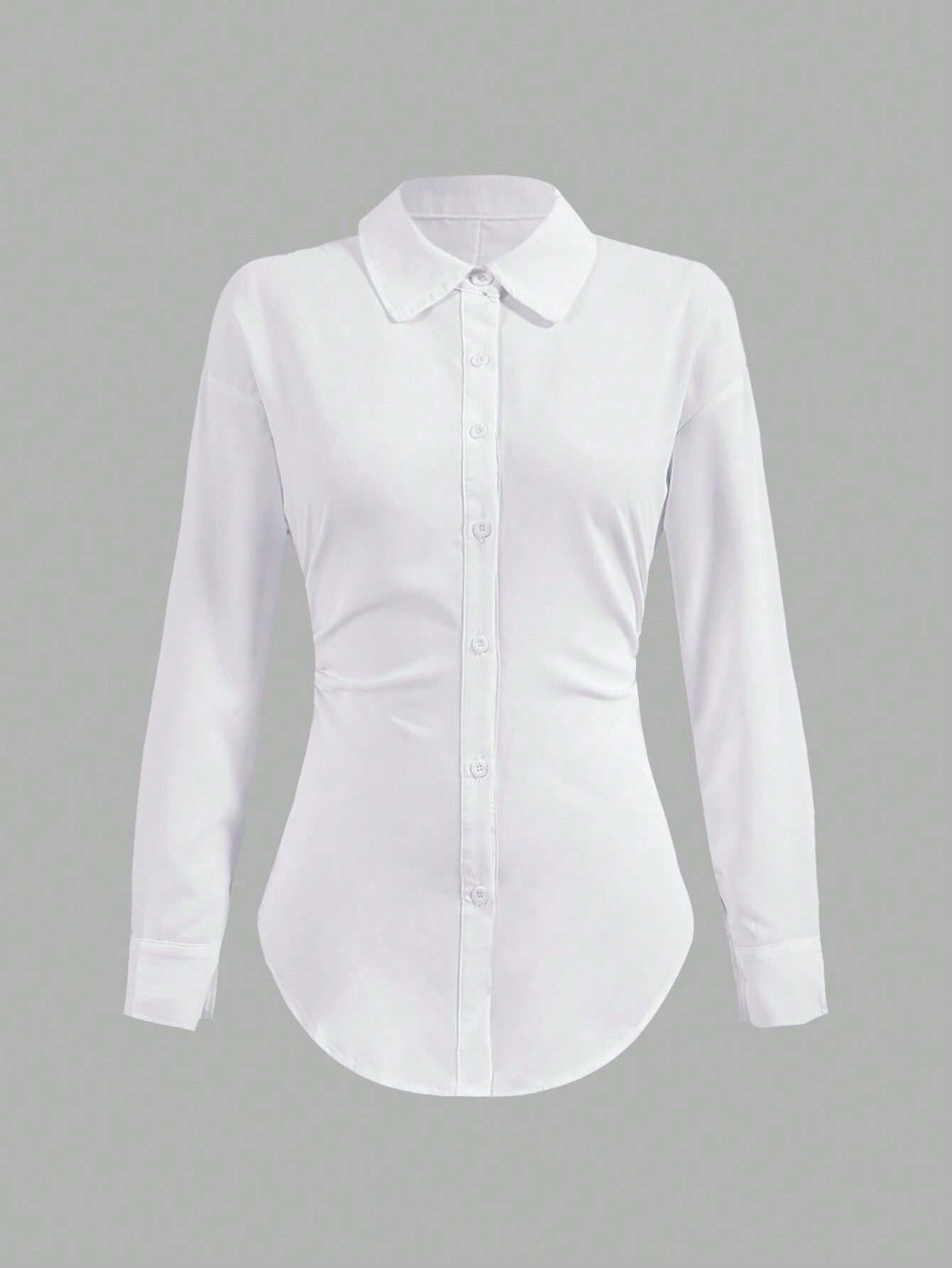 Unity Solid Color Ruched Waist Asymmetrical Hem Long Sleeve Shirt Fall Cloth For Women