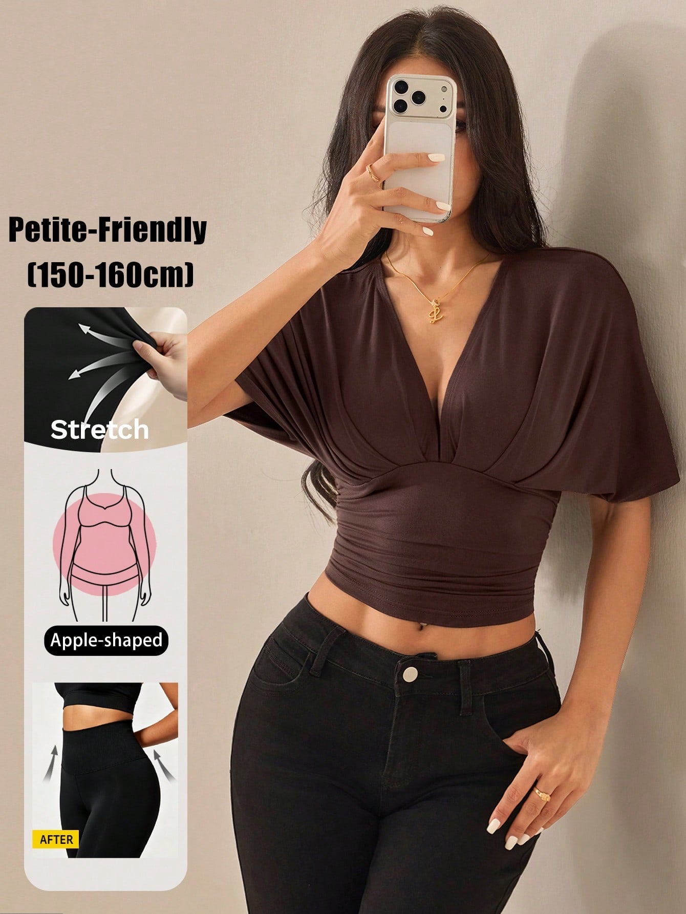 Vivamere Brown Bat Print V-Neck Short Sleeve Knit Top, Solid Color Commuting Night T-Shirt, Summer Outfits, Going Out, Petite Women Sexy Elegant