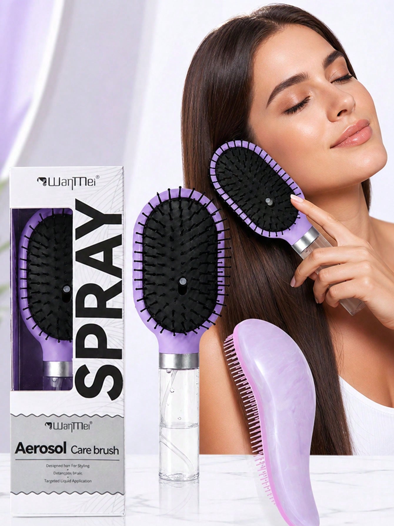 WANMEI 2Pcs Purple Refillable Spray Hair Brush & Curved Massage Hair Comb Set, Fine Mist Anti-Frizz Detangling Hair Styling Brush, Scalp Friendly Anti-Static Hair Grooming Kit For Wet Dry Hair Daily S