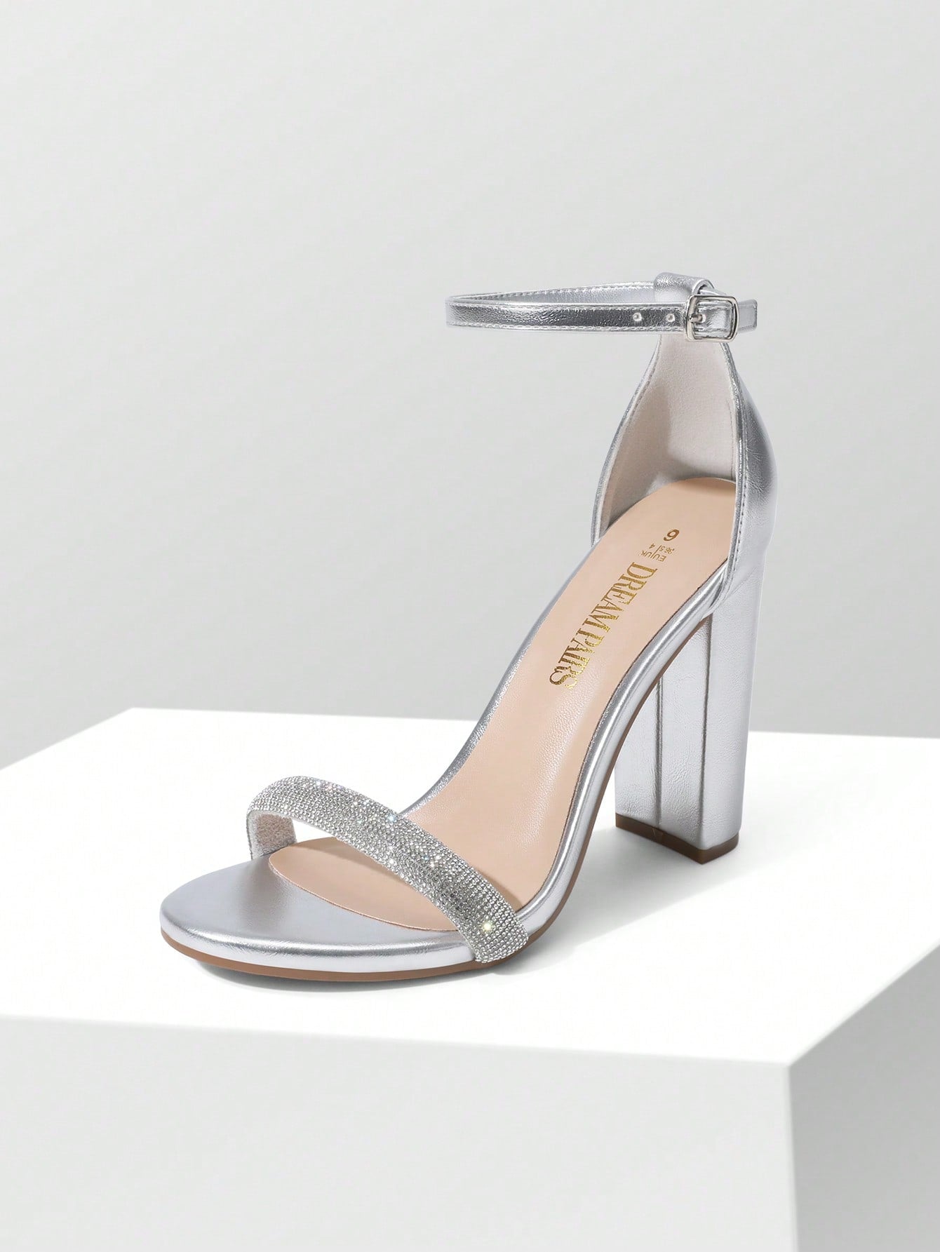 Women Rhinestone Chunky High Heeled Sandals Ankle Strap Open Toe Classic Heeled Sandals For Party Wedding Prom