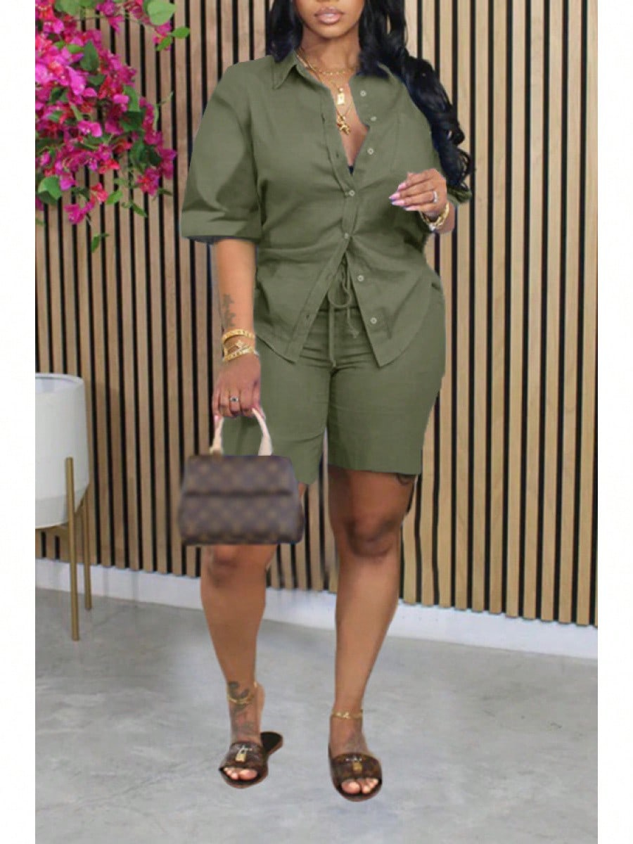Women's Chic Green Two-Piece Shorts Set With Button-Up Shirt And Drawstring Waist, Casual Knit Fabric Outfit For Everyday Comfort