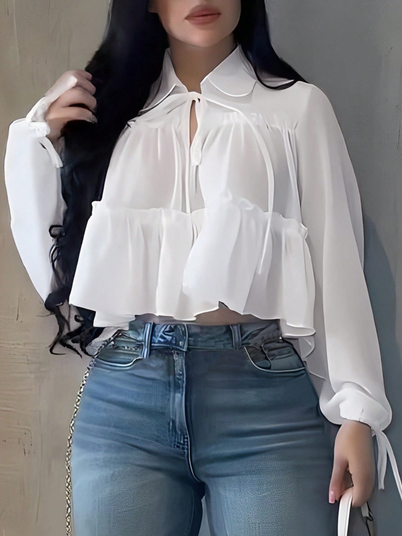 Women's Elegant Casual Shirt, Asymmetrical Design, Lapel Tie Lantern Sleeve Loose Shirt, Solid Color Woven Fabric Pleated Hem, Elegant For Daily, Date, Vacation, Spring/Summer White