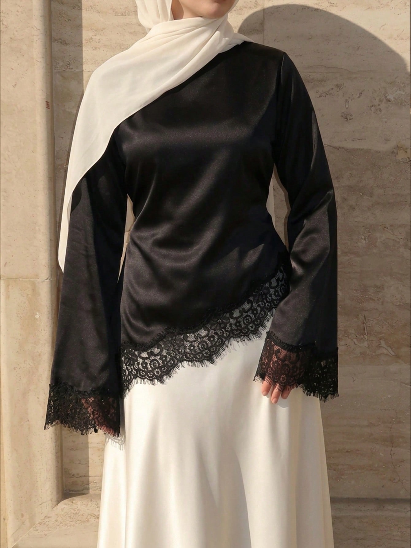 Women's Elegant Commuter Satin Blouse, Lace Patchwork Round Neck Long Sleeve Tie Waist Top, Solid Woven Fabric Lace Patchwork Asymmetric/Asymmetric Elegant Office Daily Date (White Semi-Sheer) Black