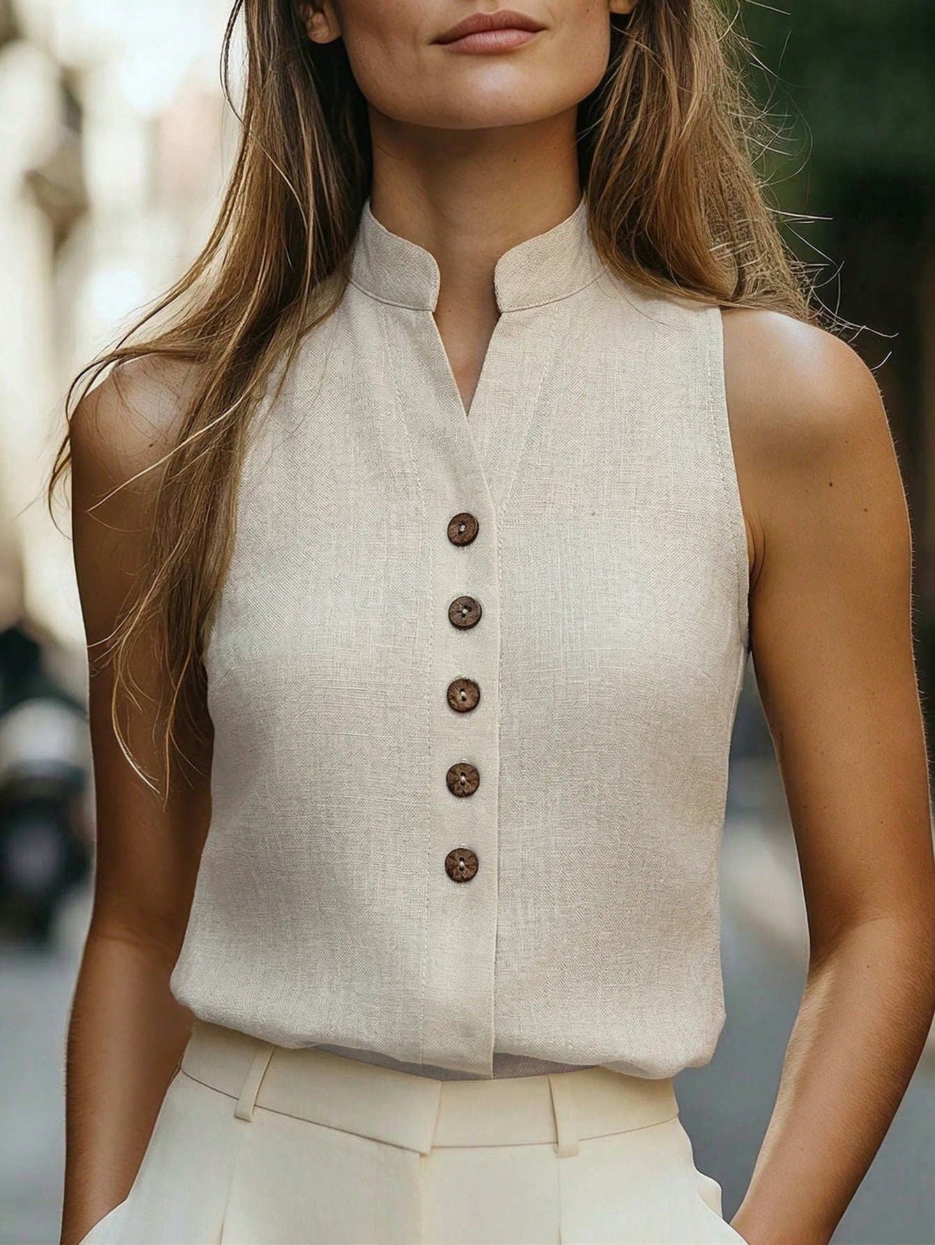 Women's Summer Beige Linen Sleeveless Blouse,Casual Chique Everyday V-Neck Button Down Waistcoat,Elegant Office Business Tops For Women New Arrivals