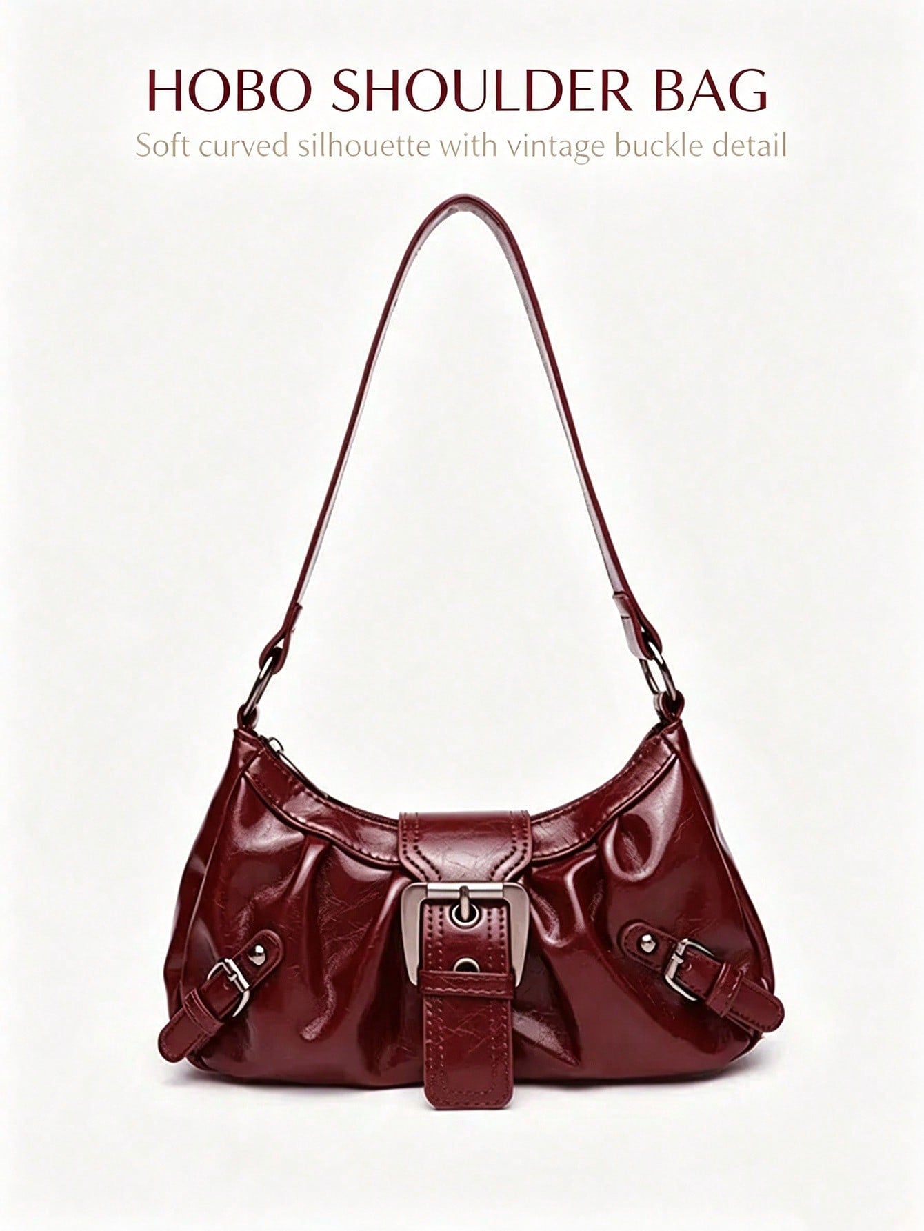 Women Vintage Burgundy Ruched Hobo Shoulder Bag,Y2K Faux Leather Underarm Bag With Buckle Decor, Adjustable Strap Casual Handbag Shoulder Bag Purses