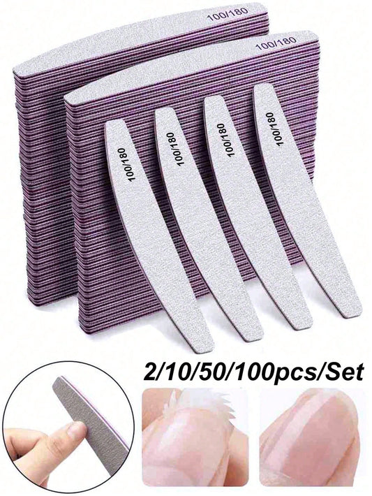 1/10/50/100pcs Crescent Shaped Professional Nail Files, 100/180 Grit Nail Sanding Paper, Callus Remover, Buffing Block, Manicure Accessories Tools, Home Salon
