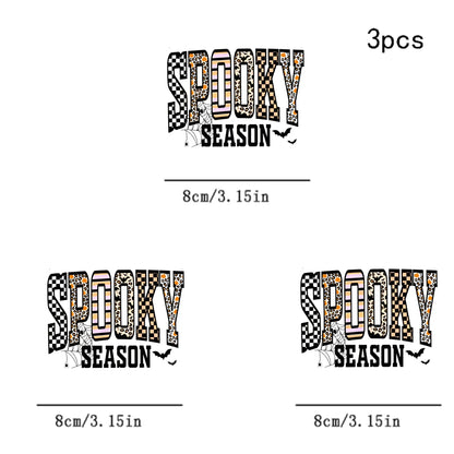 1/2/3pcs Spooky Season Multi-Texture Bold Letter Checkerboard Leopard Print Stripe Spider Web Bat American Retro Halloween Heat Transfer Iron-On Patch Halloween Season Text DIY Iron-On Sticker Suitabl