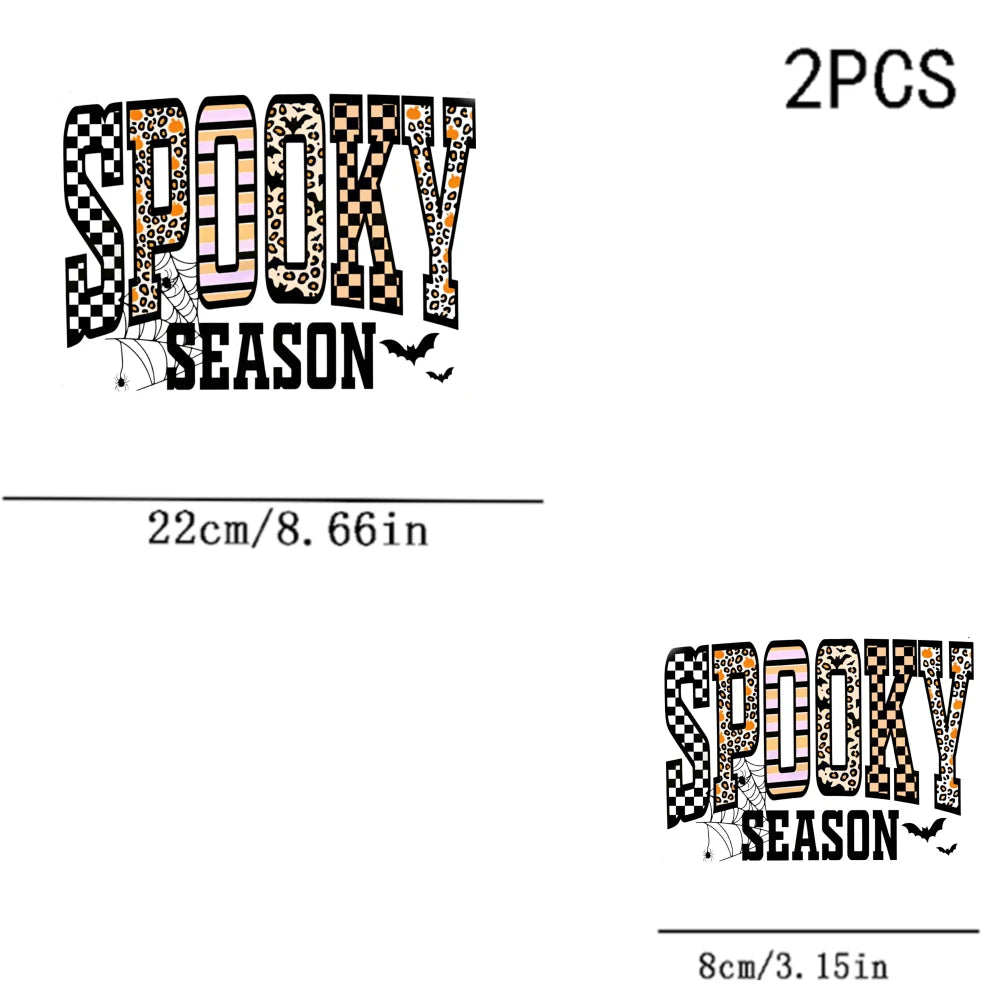 1/2/3pcs Spooky Season Multi-Texture Bold Letter Checkerboard Leopard Print Stripe Spider Web Bat American Retro Halloween Heat Transfer Iron-On Patch Halloween Season Text DIY Iron-On Sticker Suitabl