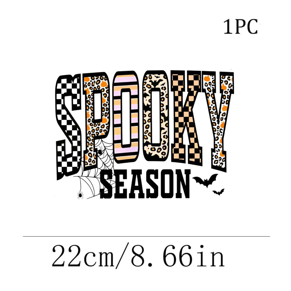 1/2/3pcs Spooky Season Multi-Texture Bold Letter Checkerboard Leopard Print Stripe Spider Web Bat American Retro Halloween Heat Transfer Iron-On Patch Halloween Season Text DIY Iron-On Sticker Suitabl