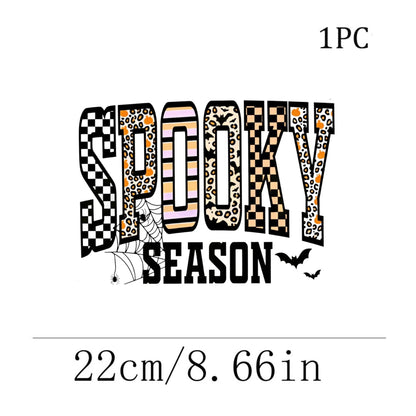 1/2/3pcs Spooky Season Multi-Texture Bold Letter Checkerboard Leopard Print Stripe Spider Web Bat American Retro Halloween Heat Transfer Iron-On Patch Halloween Season Text DIY Iron-On Sticker Suitabl