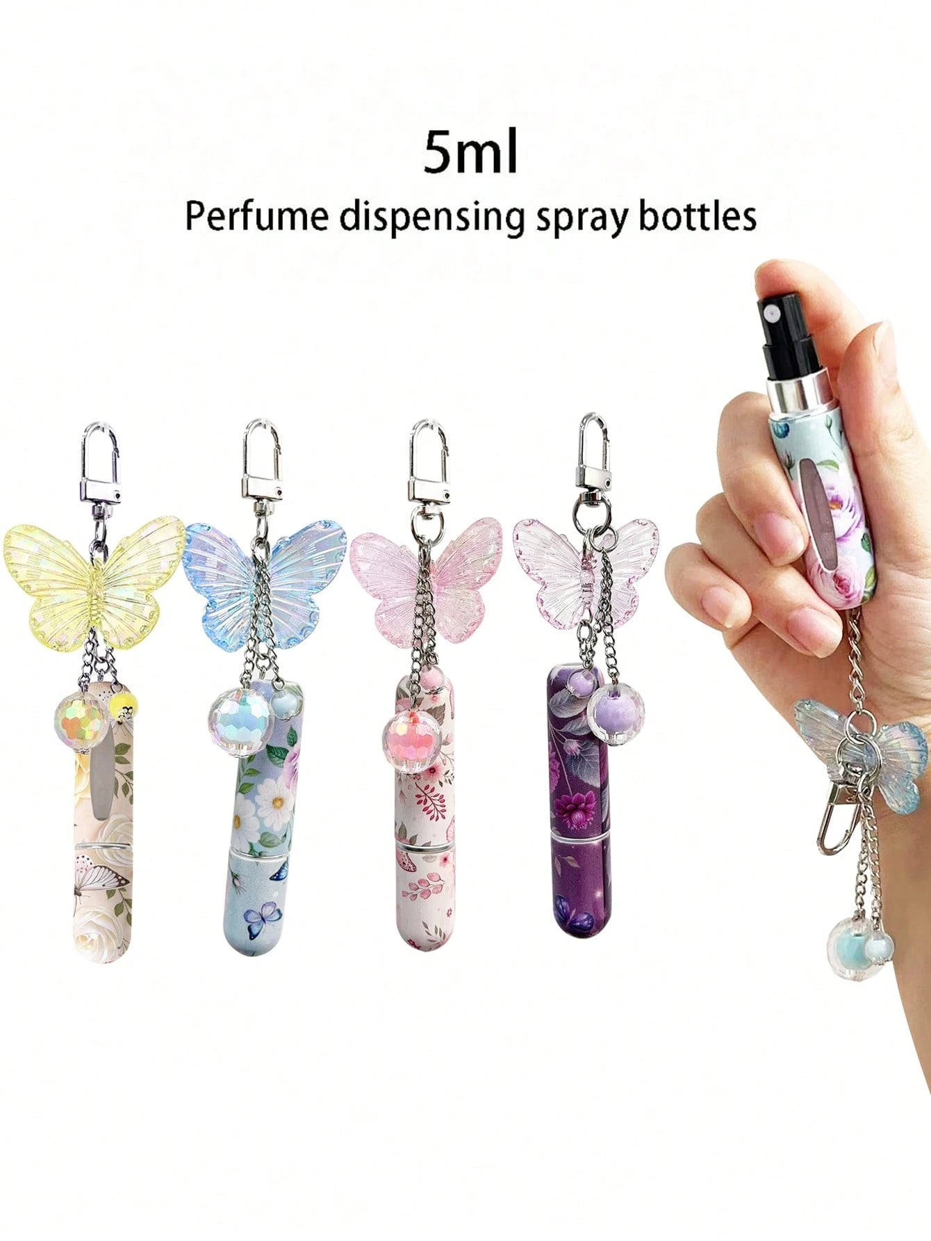 1/2/4pcs Crystal Butterfly Pendant Perfume Sub-Bottling, With Keychain Flower Butterfly Print Pattern Cosmetic Bottle, Women'S Bag Pendant, Bottom Filling Perfume Sub-Packaging Tool, Birthday Gift For