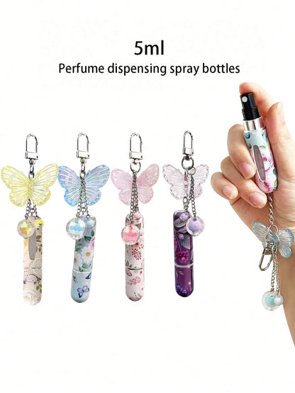 1/2/4pcs Crystal Butterfly Pendant Perfume Sub-Bottling, With Keychain Flower Butterfly Print Pattern Cosmetic Bottle, Women'S Bag Pendant, Bottom Filling Perfume Sub-Packaging Tool, Birthday Gift For