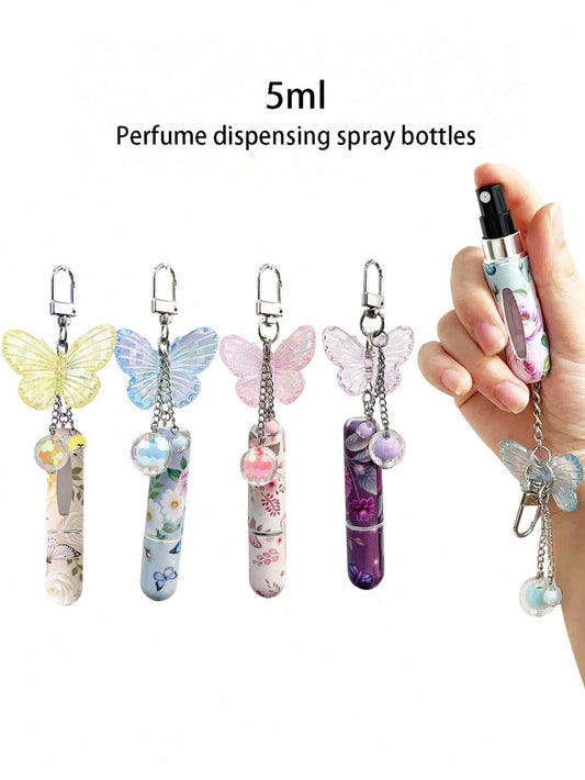 1/2/4pcs Crystal Butterfly Pendant Perfume Sub-Bottling, With Keychain Flower Butterfly Print Pattern Cosmetic Bottle, Women'S Bag Pendant, Bottom Filling Perfume Sub-Packaging Tool, Birthday Gift For