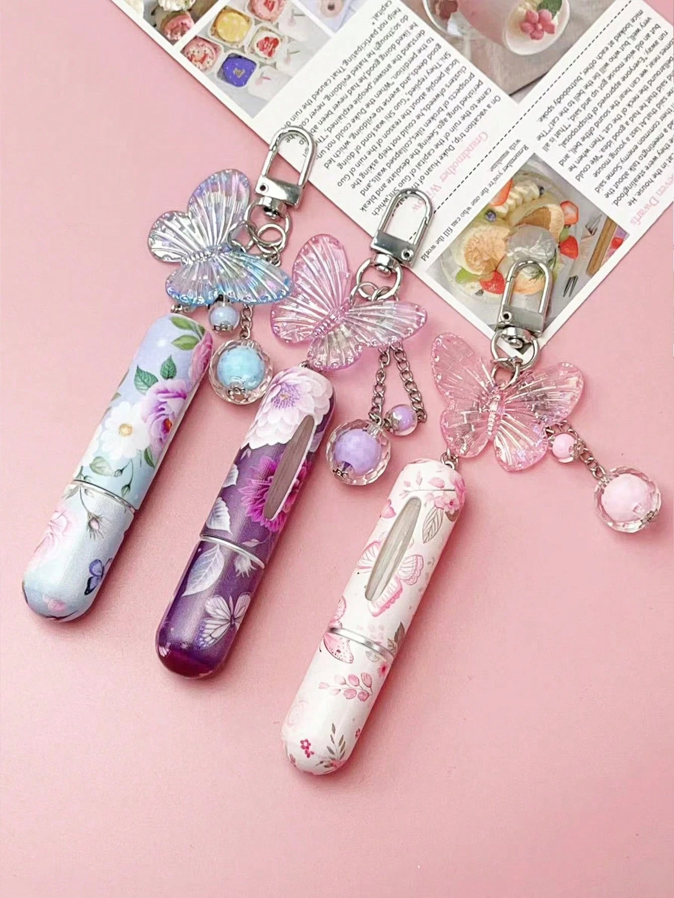 1/2/4pcs Crystal Butterfly Pendant Perfume Sub-Bottling, With Keychain Flower Butterfly Print Pattern Cosmetic Bottle, Women'S Bag Pendant, Bottom Filling Perfume Sub-Packaging Tool, Birthday Gift For