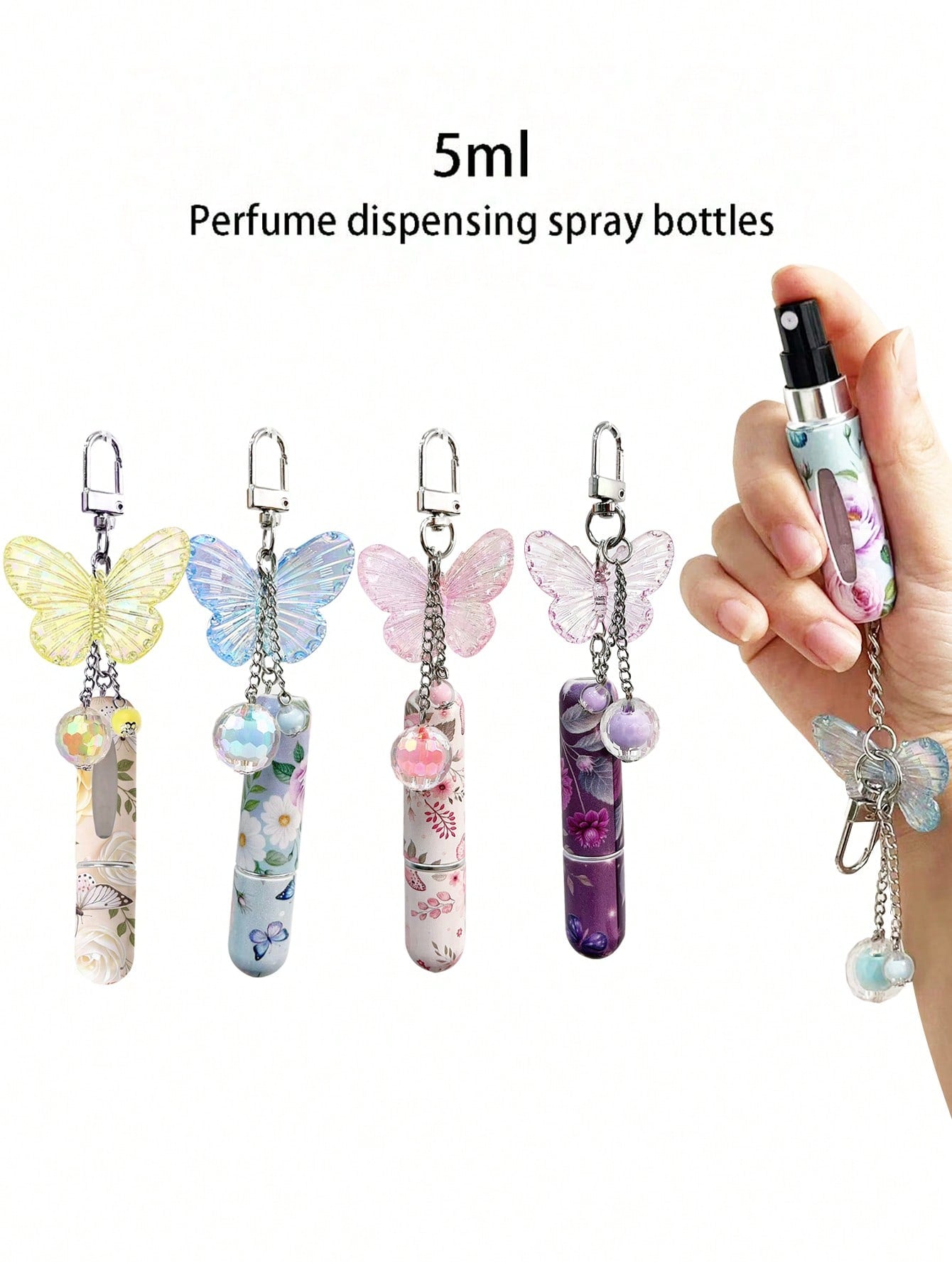 1/2/4pcs Crystal Butterfly Pendant Perfume Sub-Bottling, With Keychain Flower Butterfly Print Pattern Cosmetic Bottle, Women'S Bag Pendant, Bottom Filling Perfume Sub-Packaging Tool, Birthday Gift For