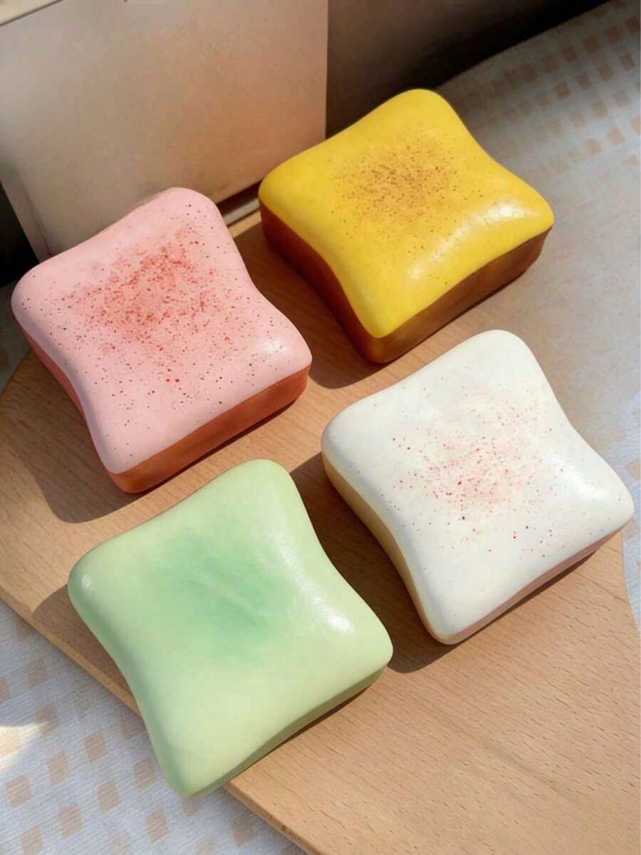 1/2/4Pcs Super Soft Butter Toast Bread Pinch Squishy Toy, Multi-Color Pink Yellow White Green Available, Rounded Shape Slow Rebound Squeeze Decompression Toy, Elastic Comforting Sensory Fidget Toy