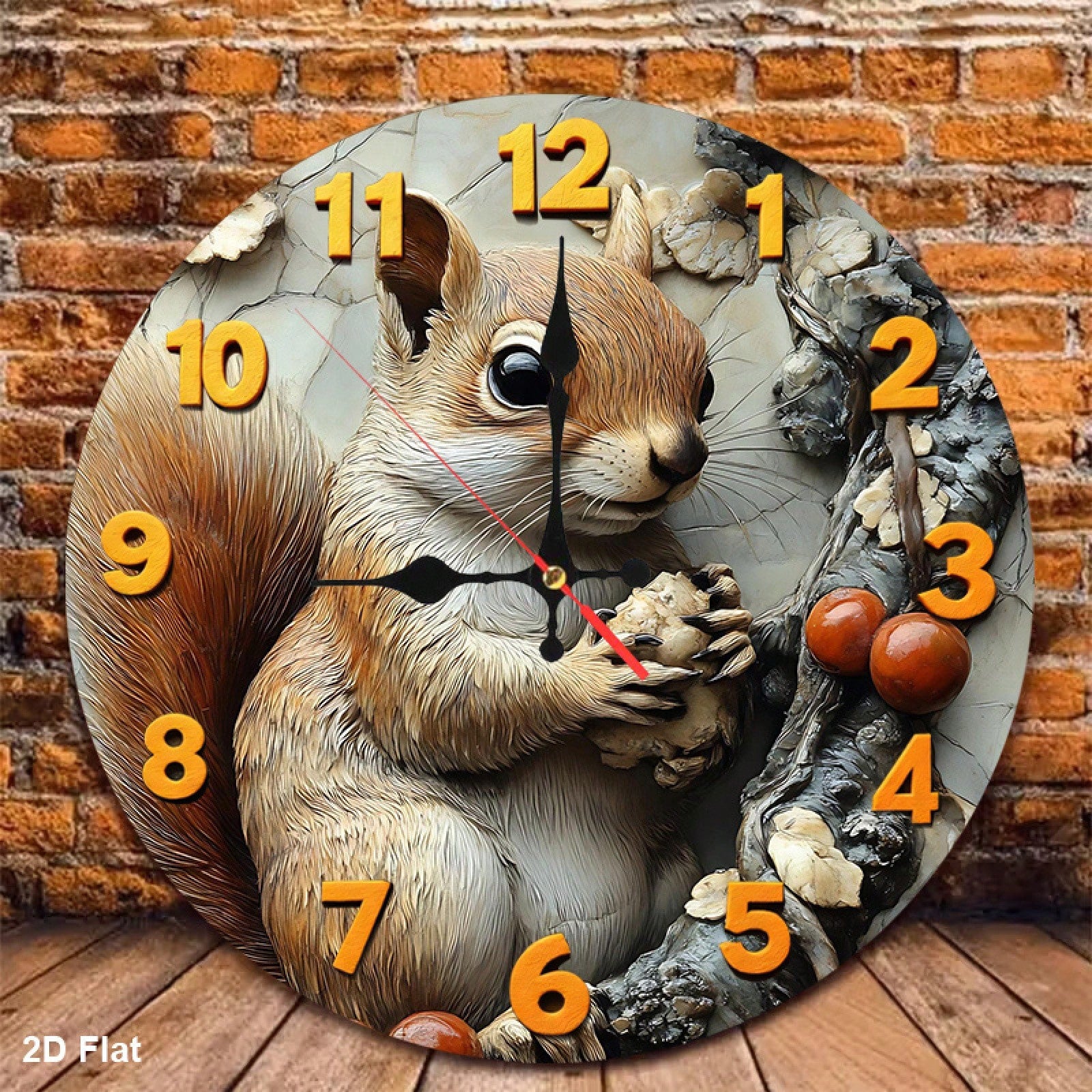 1 2D Flat Squirrel And Nut 12inch Silent Non-Ticking Baby Room Wall Clock| Very Suitable For Kitchens And Bedrooms