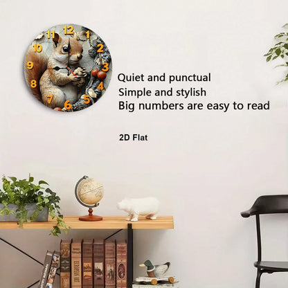 1 2D Flat Squirrel And Nut 12inch Silent Non-Ticking Baby Room Wall Clock| Very Suitable For Kitchens And Bedrooms