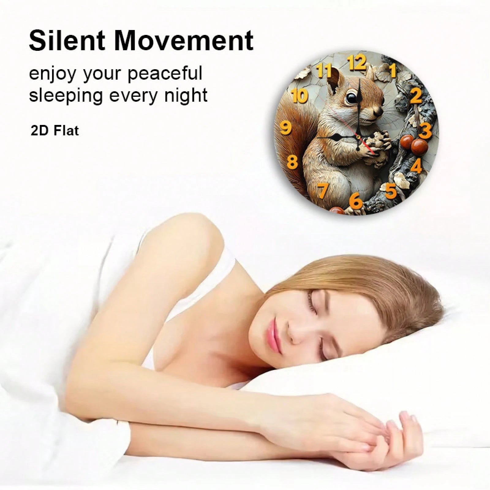 1 2D Flat Squirrel And Nut 12inch Silent Non-Ticking Baby Room Wall Clock| Very Suitable For Kitchens And Bedrooms