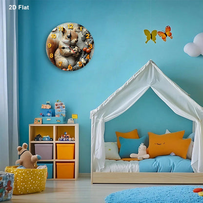 1 2D Flat Squirrel And Nut 12inch Silent Non-Ticking Baby Room Wall Clock| Very Suitable For Kitchens And Bedrooms