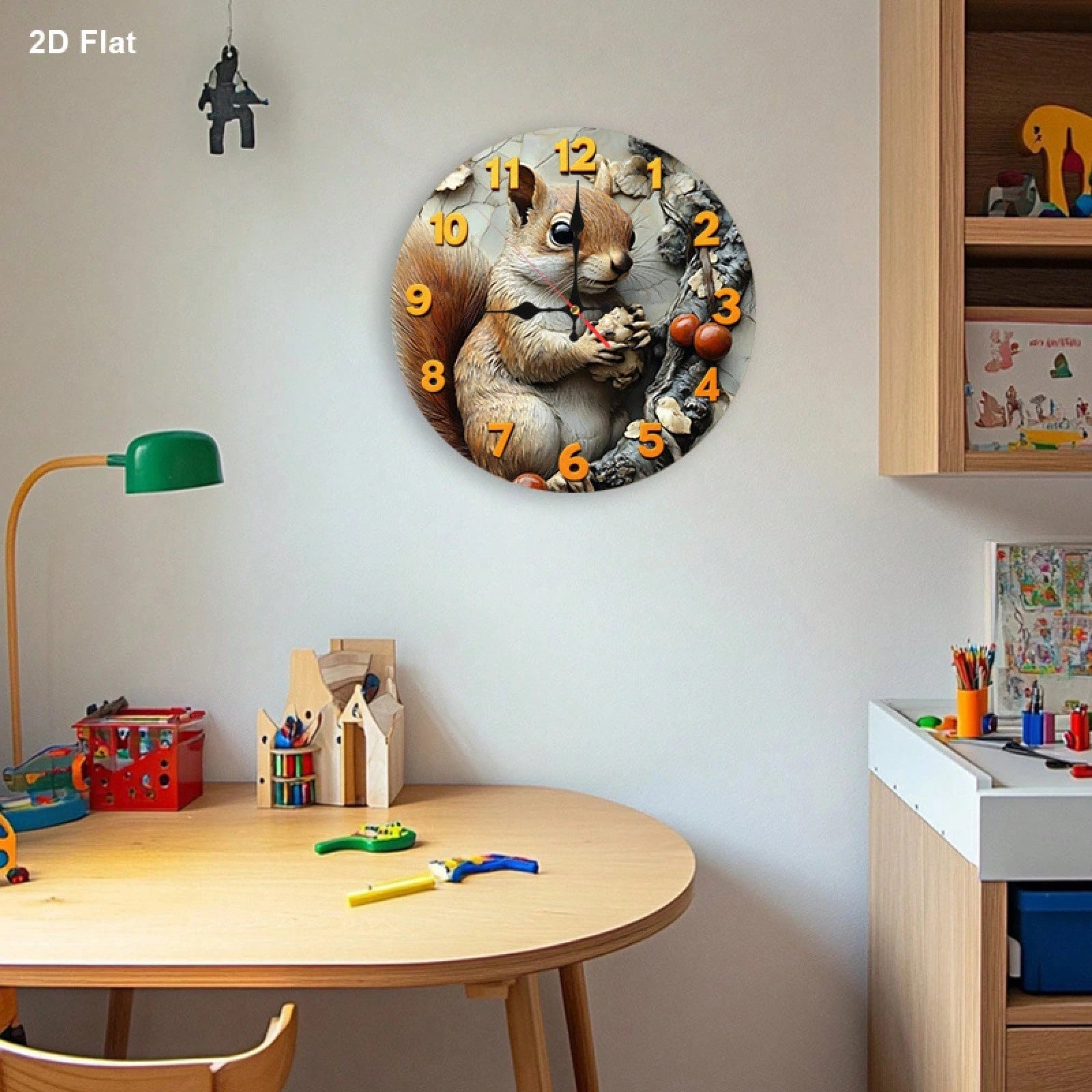 1 2D Flat Squirrel And Nut 12inch Silent Non-Ticking Baby Room Wall Clock| Very Suitable For Kitchens And Bedrooms