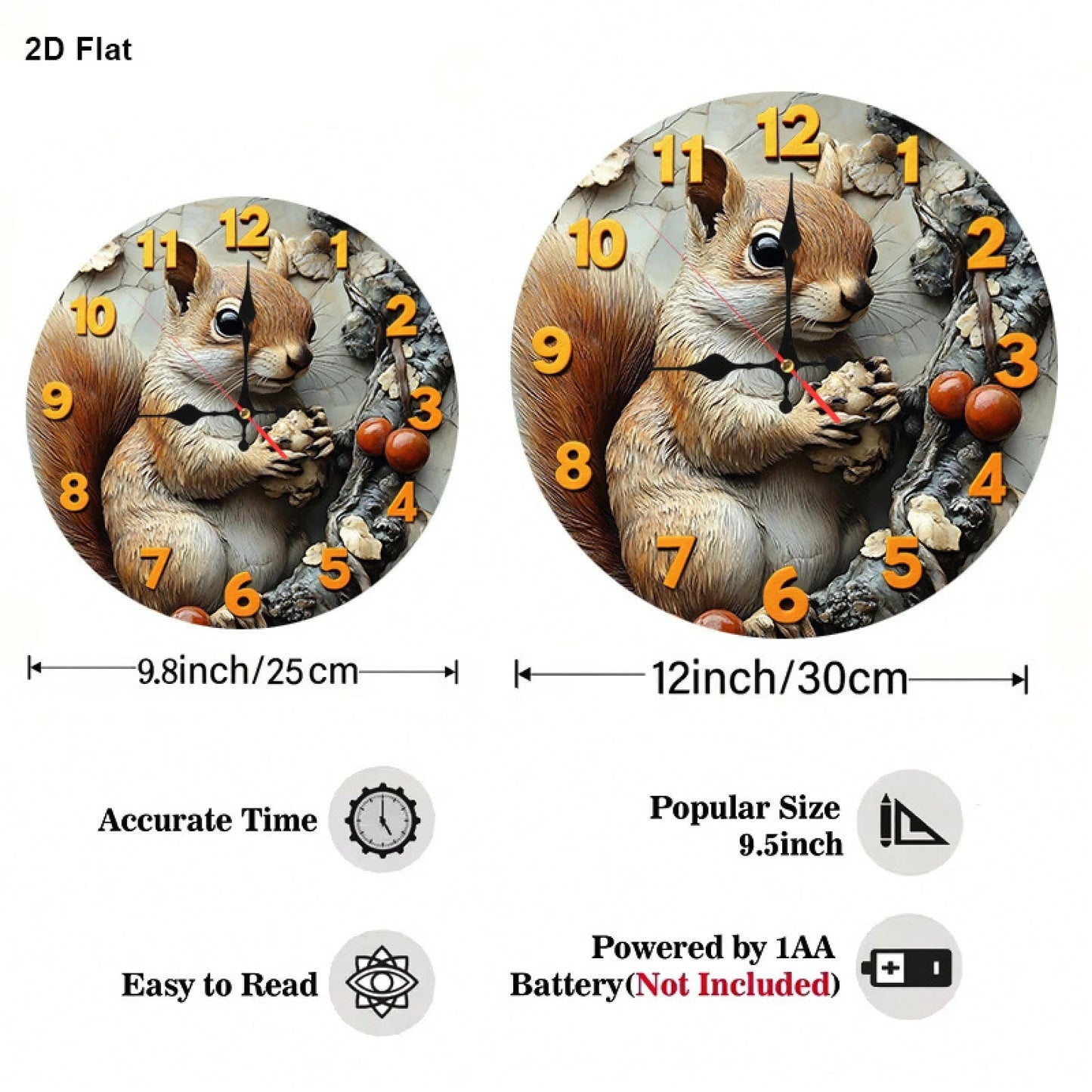 1 2D Flat Squirrel And Nut 12inch Silent Non-Ticking Baby Room Wall Clock| Very Suitable For Kitchens And Bedrooms