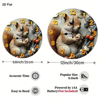 1 2D Flat Squirrel And Nut 12inch Silent Non-Ticking Baby Room Wall Clock| Very Suitable For Kitchens And Bedrooms