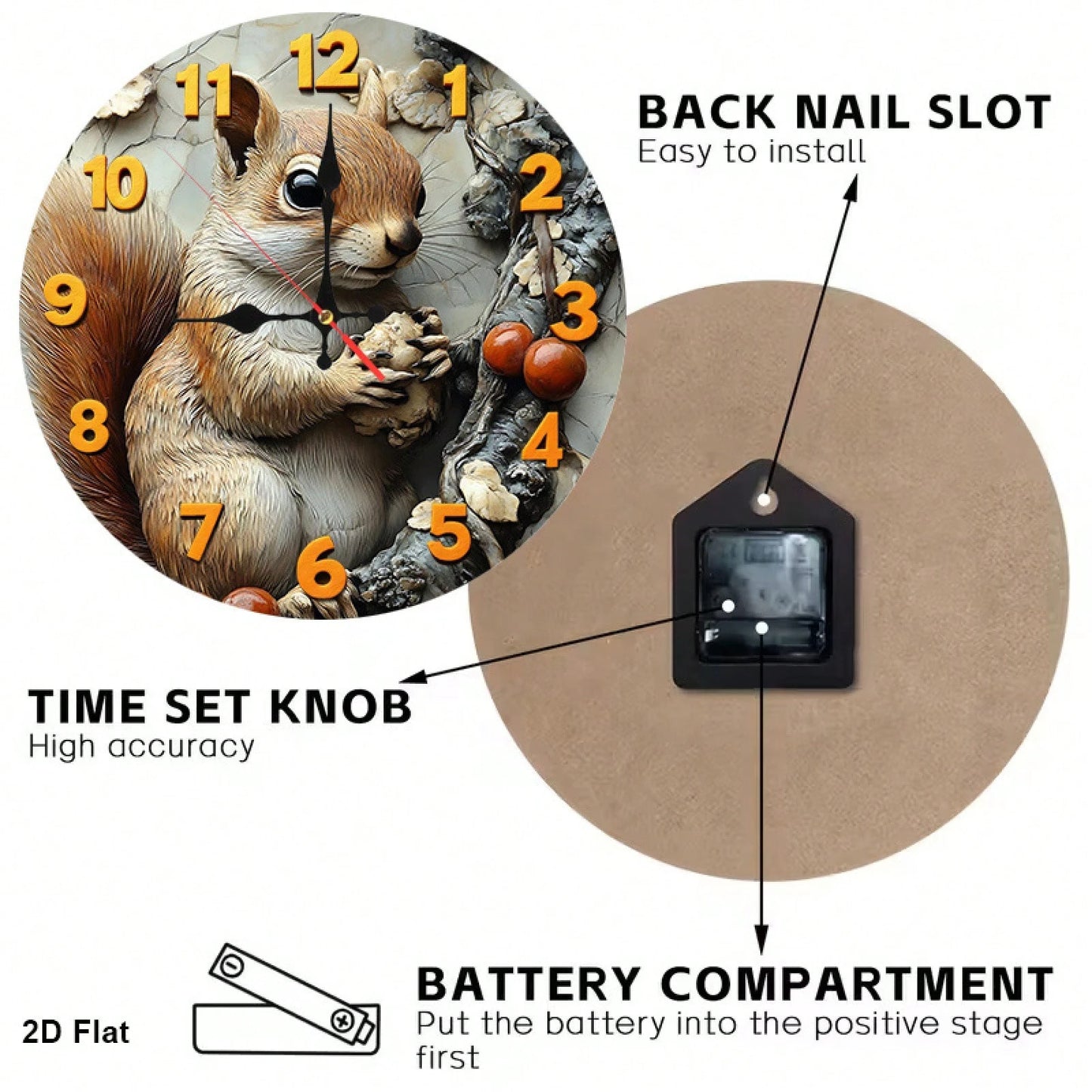 1 2D Flat Squirrel And Nut 12inch Silent Non-Ticking Baby Room Wall Clock| Very Suitable For Kitchens And Bedrooms