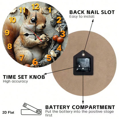 1 2D Flat Squirrel And Nut 12inch Silent Non-Ticking Baby Room Wall Clock| Very Suitable For Kitchens And Bedrooms