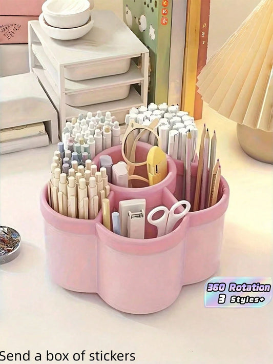 1 360-Degree Rotating Desktop Storage Box- 6 Compartments Durable PP Plastic Storage Box (With Stickers), A Perfect Holiday Gift, Ideal For Storing Makeup Brushes, Pens, And Other Accessories- Suita