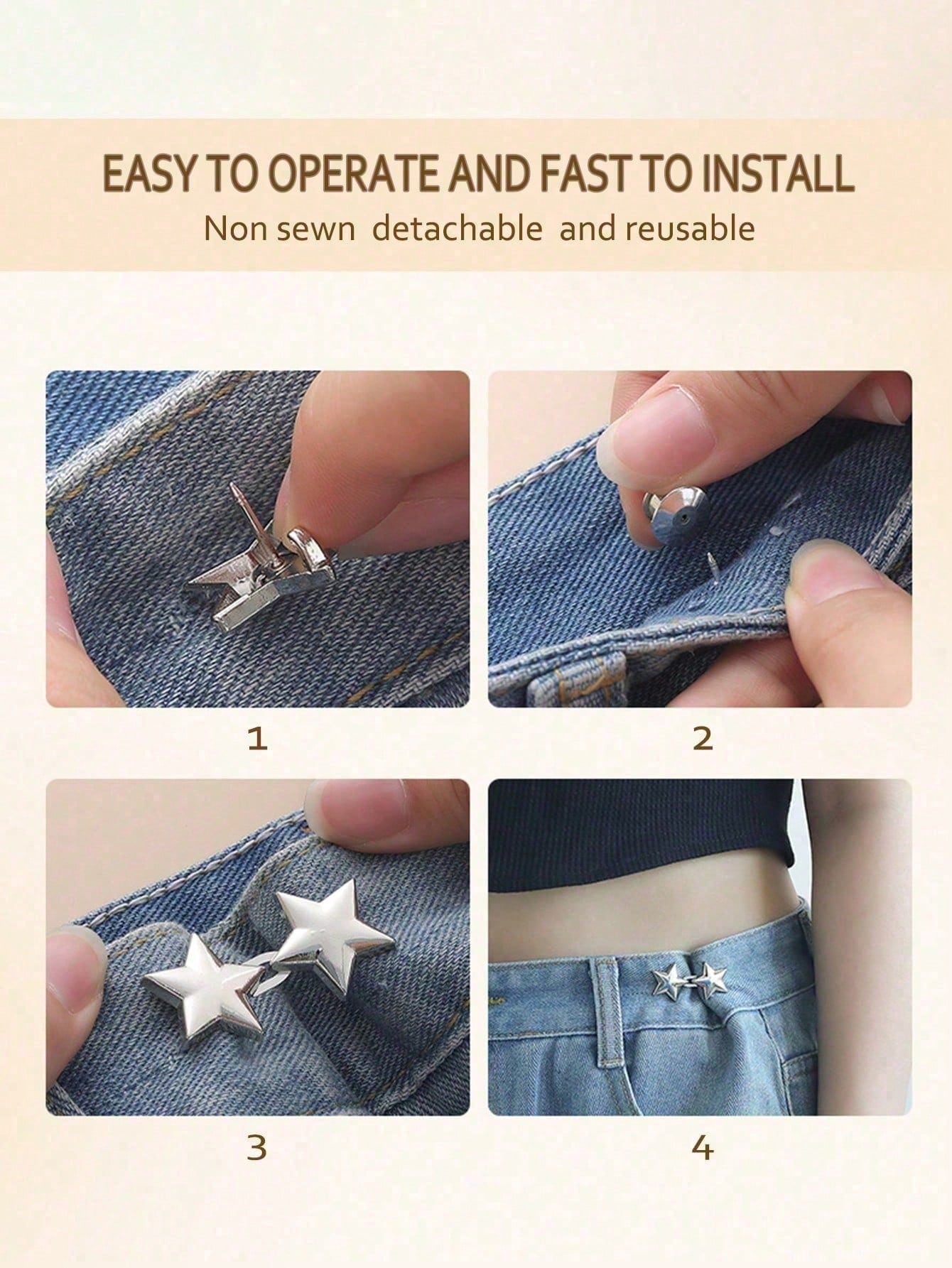 1/4 Set Adjustable Waist Buckles, No Sewing Required, Detachable Elastic Waist Adjustment Clips, Suitable For Jeans, Small Metal Extension Buckles, Cute Star-Shaped Waist Clips, Pants Clips, Suitable