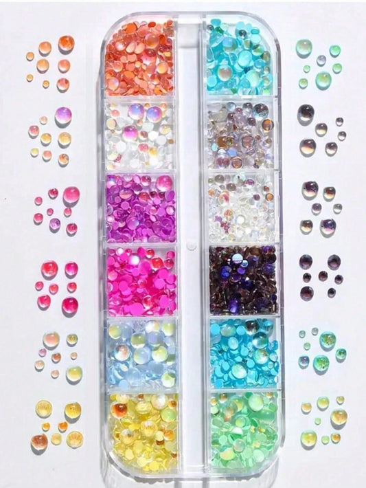 1 Box 6/12 Compartments, Mermaid Bubble Beads, Macaron Color Flat Pearl Rhinestones, Multi-Color & Size Half-Round Iridescent Decorative Nail Pearls, Unscented Nail Art Supplies, Nail Jewelry, Nail Ge