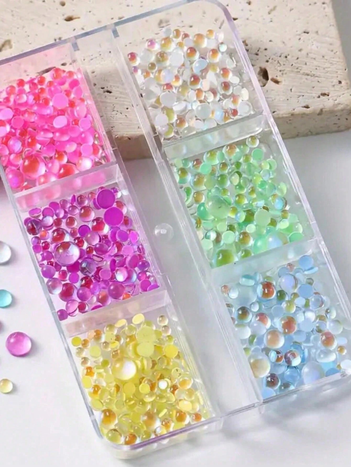 1 Box 6/12 Compartments, Mermaid Bubble Beads, Macaron Color Flat Pearl Rhinestones, Multi-Color & Size Half-Round Iridescent Decorative Nail Pearls, Unscented Nail Art Supplies, Nail Jewelry, Nail Ge
