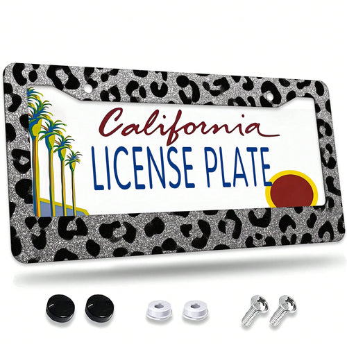 1 Leopard Print License Plate Frame, Car Decorative Accessory License Plate Cover, Aluminum License Plate Bracket, Rust-Proof, Shock-Proof, And Wind-Resistant, Suitable For US Standard Vehicles