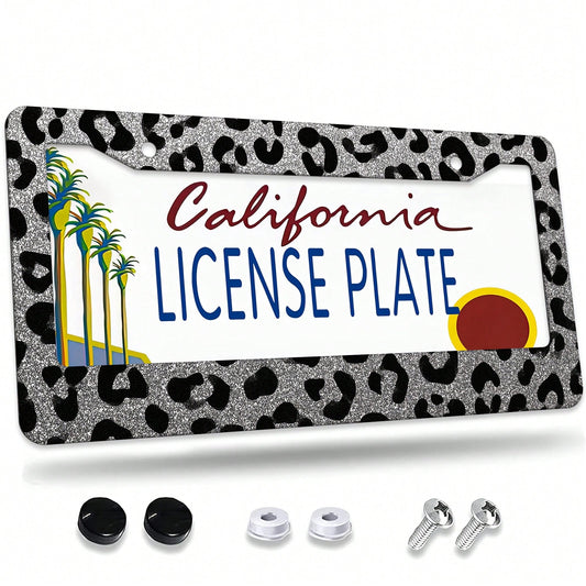 1 Leopard Print License Plate Frame, Car Decorative Accessory License Plate Cover, Aluminum License Plate Bracket, Rust-Proof, Shock-Proof, And Wind-Resistant, Suitable For US Standard Vehicles
