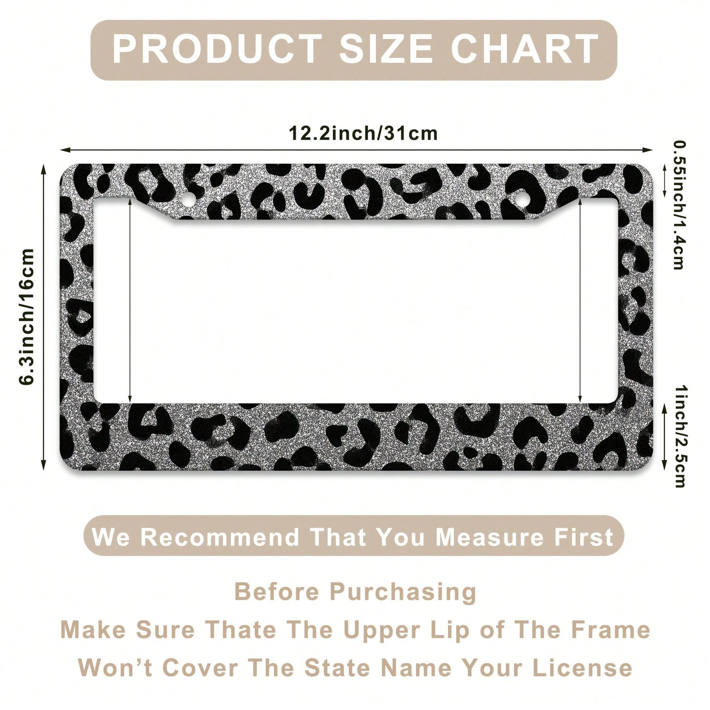 1 Leopard Print License Plate Frame, Car Decorative Accessory License Plate Cover, Aluminum License Plate Bracket, Rust-Proof, Shock-Proof, And Wind-Resistant, Suitable For US Standard Vehicles