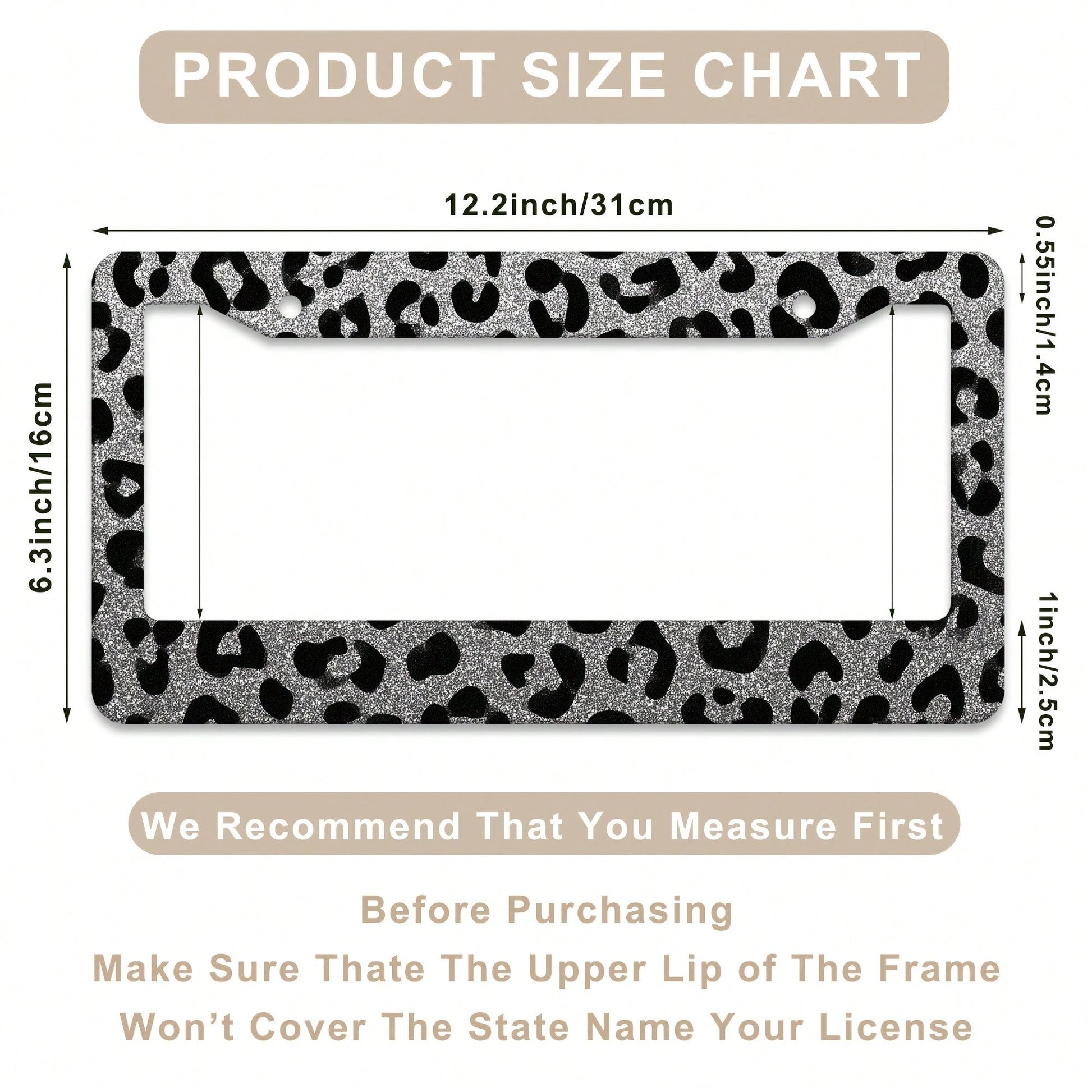 1 Leopard Print License Plate Frame, Car Decorative Accessory License Plate Cover, Aluminum License Plate Bracket, Rust-Proof, Shock-Proof, And Wind-Resistant, Suitable For US Standard Vehicles