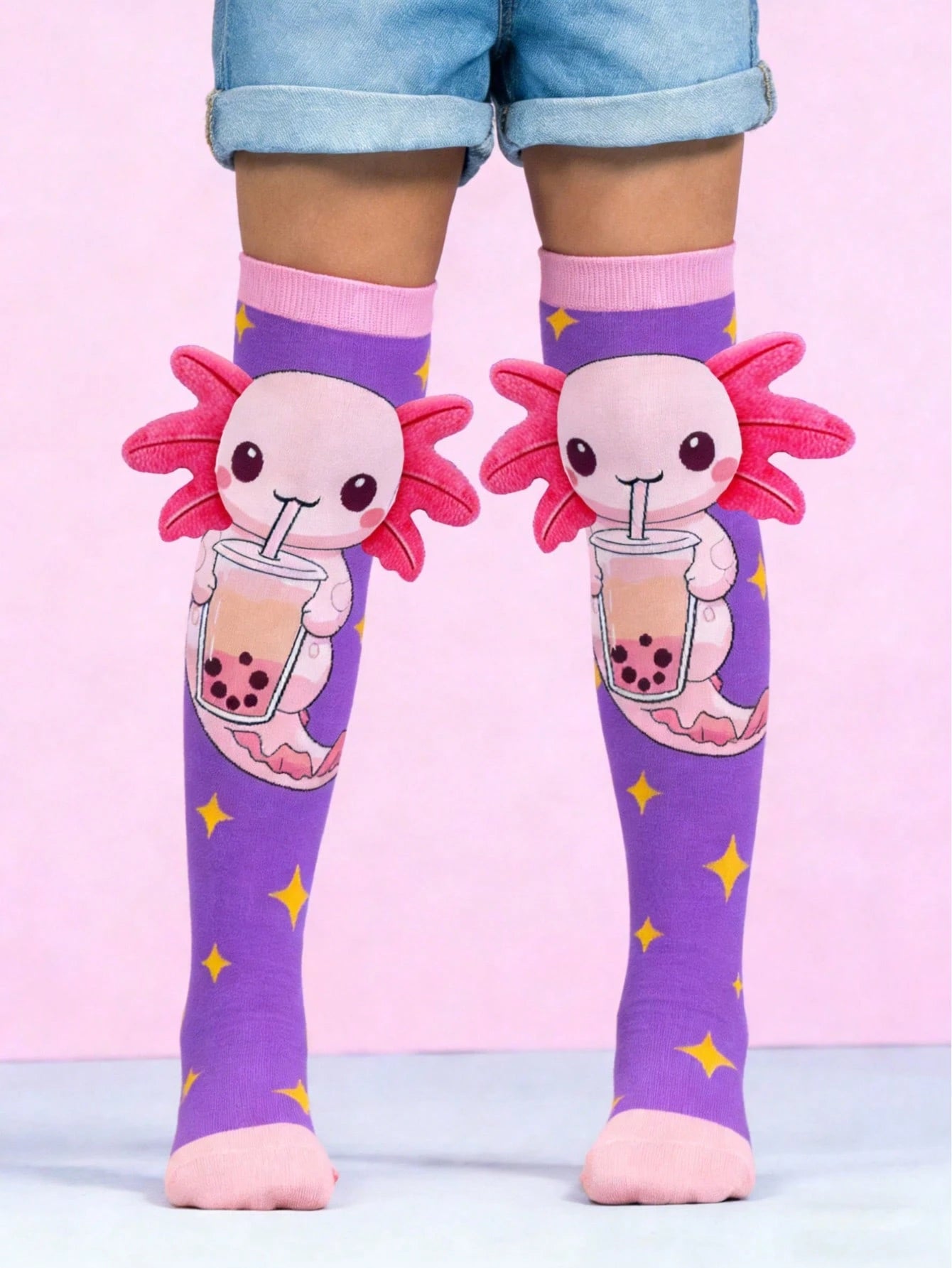 1 Pair Cute Axolotl With 3D Ears Drink Bubble Tea Knee High Socks, Little Marine Animals Axolotl Over The Knee Socks, Back To School, Crazy Socks