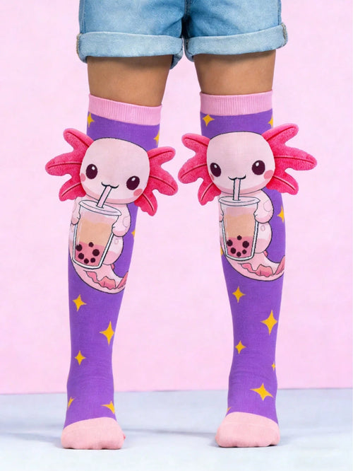 1 Pair Cute Axolotl With 3D Ears Drink Bubble Tea Knee High Socks, Little Marine Animals Axolotl Over The Knee Socks, Back To School, Crazy Socks