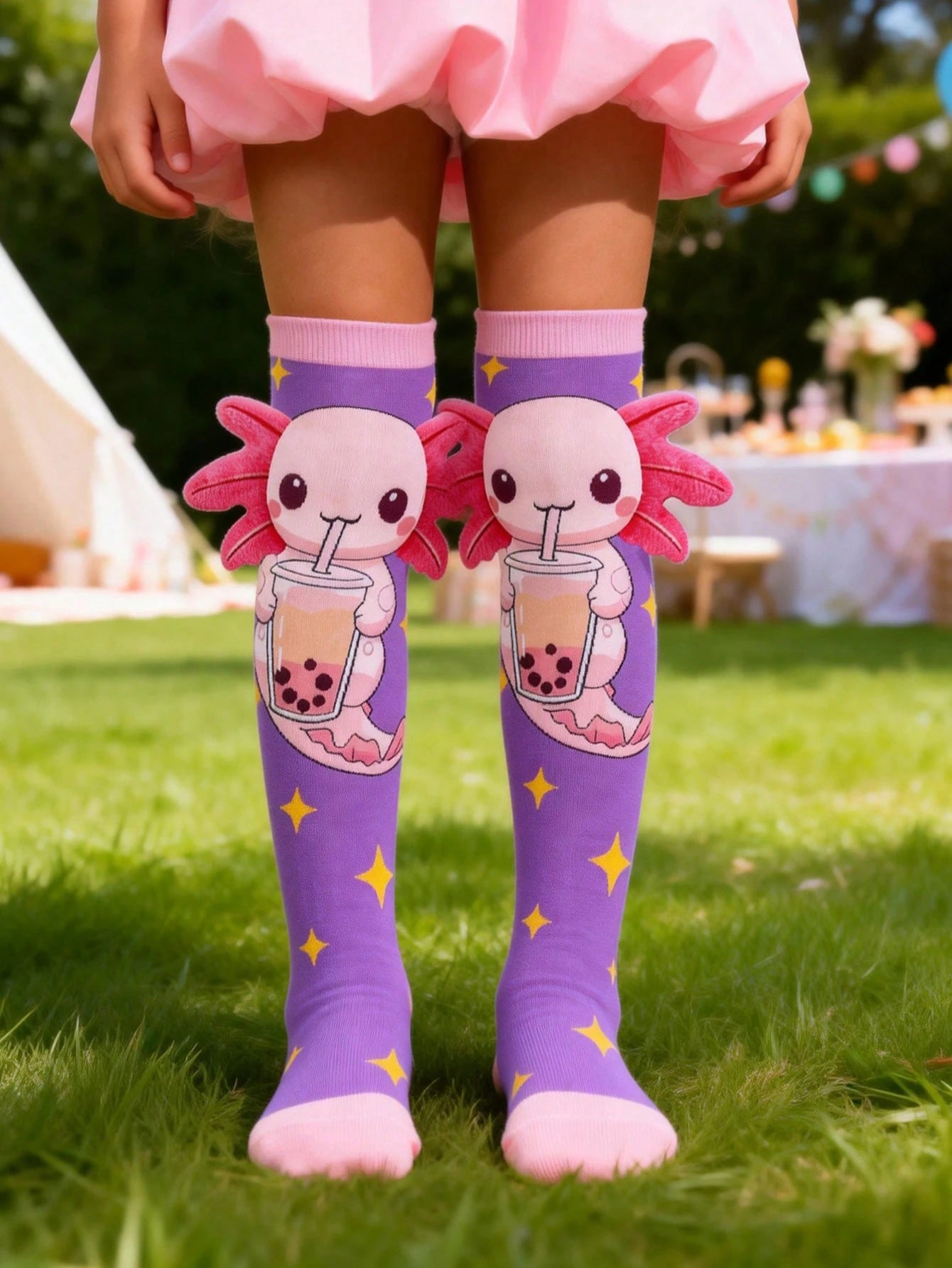 1 Pair Cute Axolotl With 3D Ears Drink Bubble Tea Knee High Socks, Little Marine Animals Axolotl Over The Knee Socks, Back To School, Crazy Socks