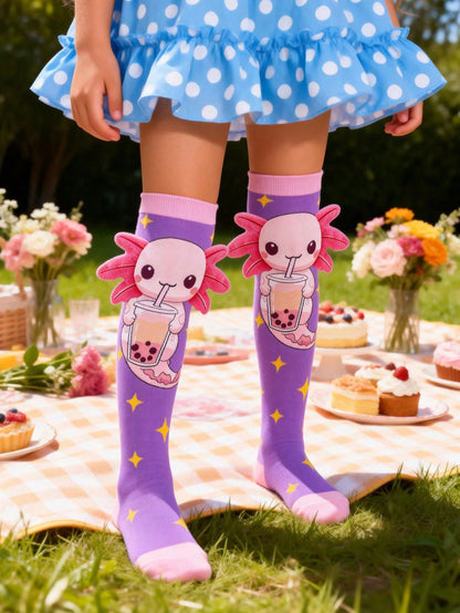 1 Pair Cute Axolotl With 3D Ears Drink Bubble Tea Knee High Socks, Little Marine Animals Axolotl Over The Knee Socks, Back To School, Crazy Socks