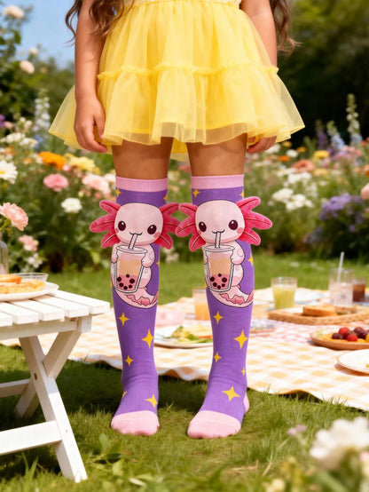 1 Pair Cute Axolotl With 3D Ears Drink Bubble Tea Knee High Socks, Little Marine Animals Axolotl Over The Knee Socks, Back To School, Crazy Socks