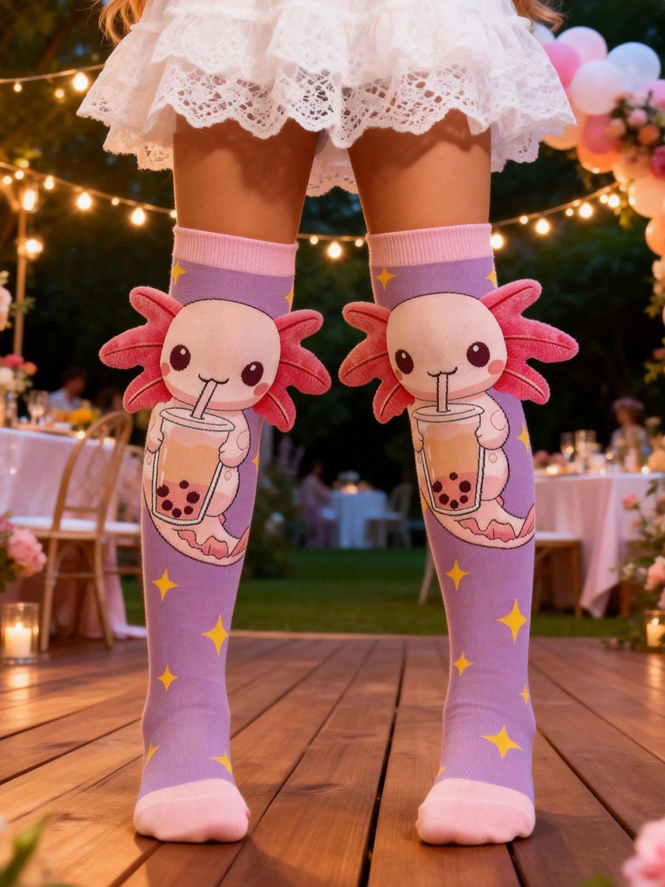 1 Pair Cute Axolotl With 3D Ears Drink Bubble Tea Knee High Socks, Little Marine Animals Axolotl Over The Knee Socks, Back To School, Crazy Socks