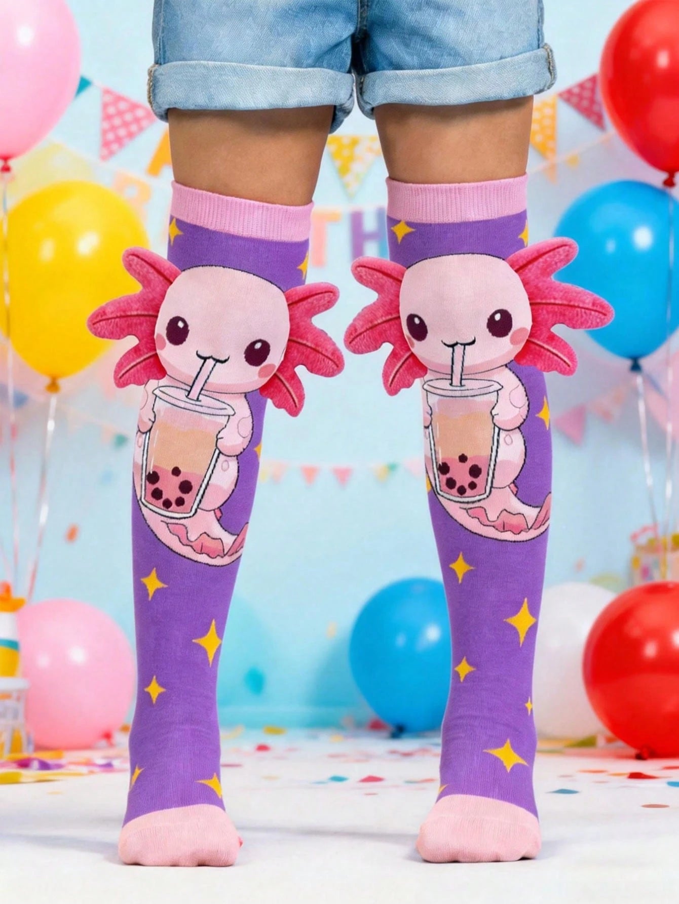 1 Pair Cute Axolotl With 3D Ears Drink Bubble Tea Knee High Socks, Little Marine Animals Axolotl Over The Knee Socks, Back To School, Crazy Socks