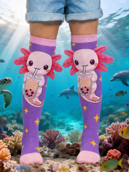 1 Pair Cute Axolotl With 3D Ears Drink Bubble Tea Knee High Socks, Little Marine Animals Axolotl Over The Knee Socks, Back To School, Crazy Socks